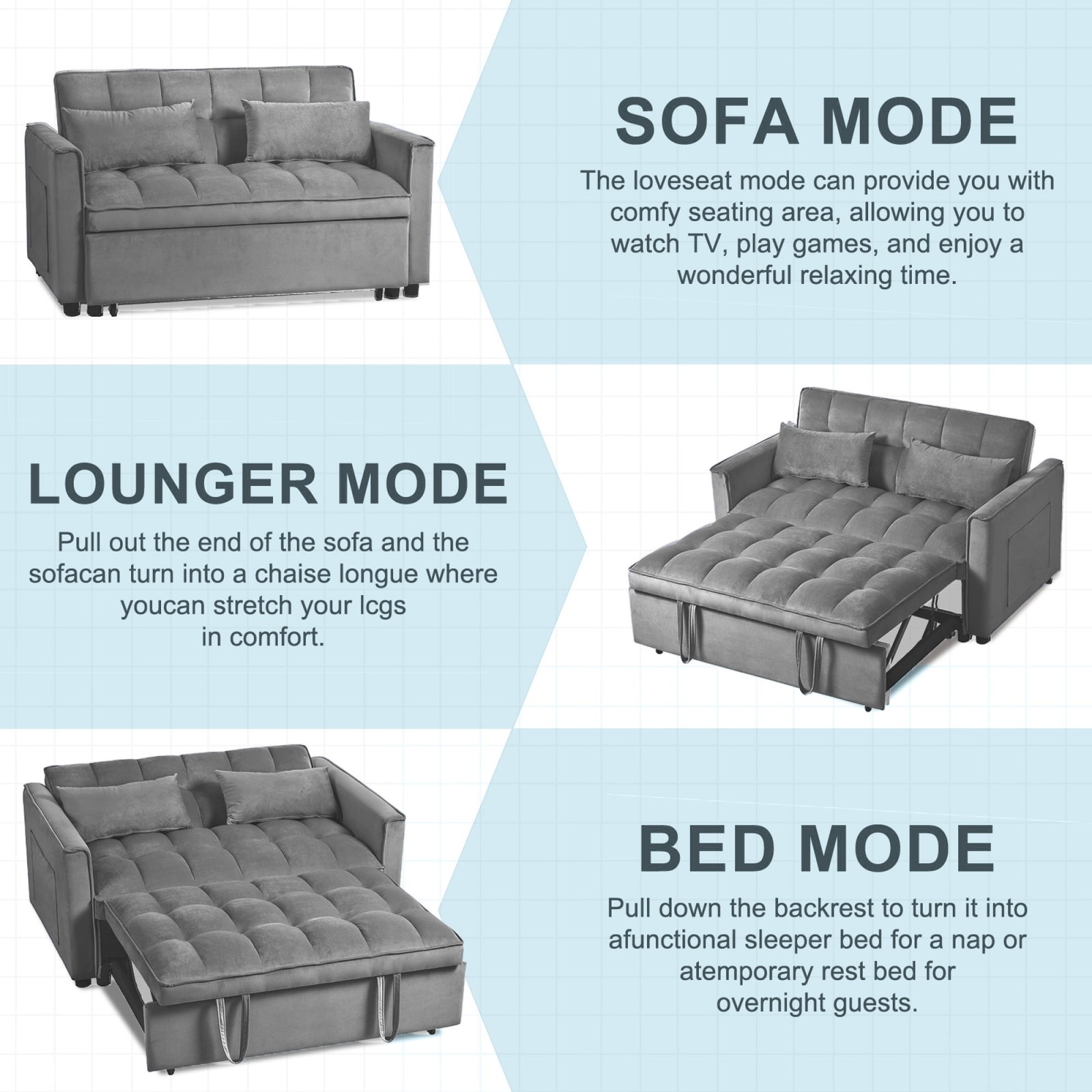 3 in 1 Convertible Sleeper Sofa Pull Out Bed Loveseat Couch Adjustable Backrest