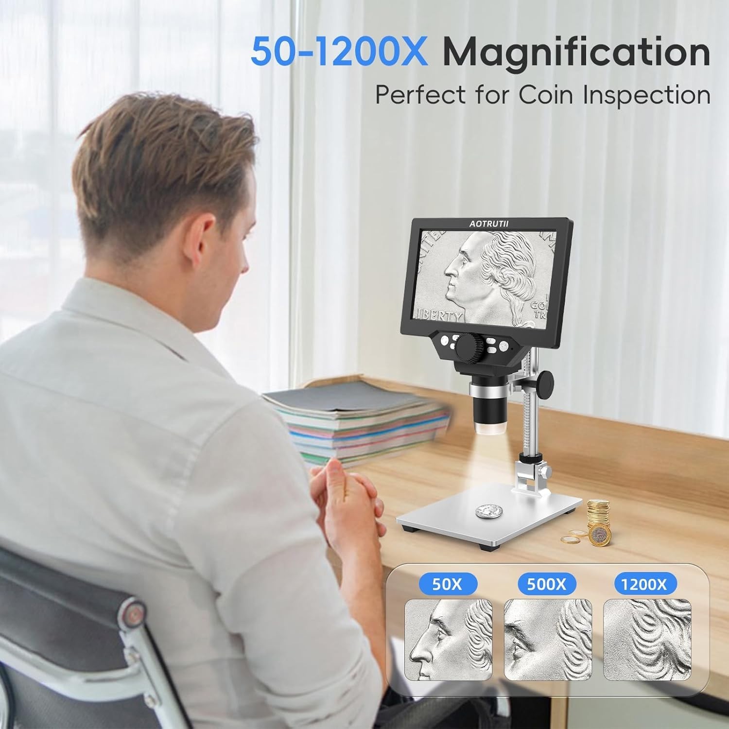 7" LCD Digital Microscope 1200X Magnification, 1080P Coin Microscope with Met...