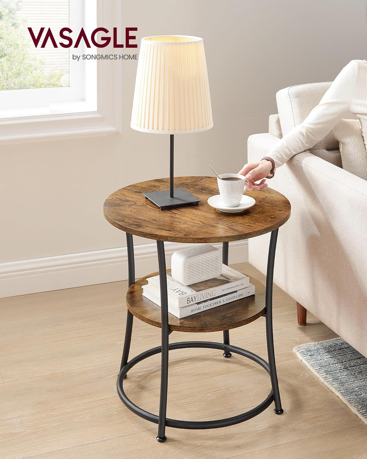 Side Table, Round Side Table with 2 Shelves, Rustic Brown and Ink Black