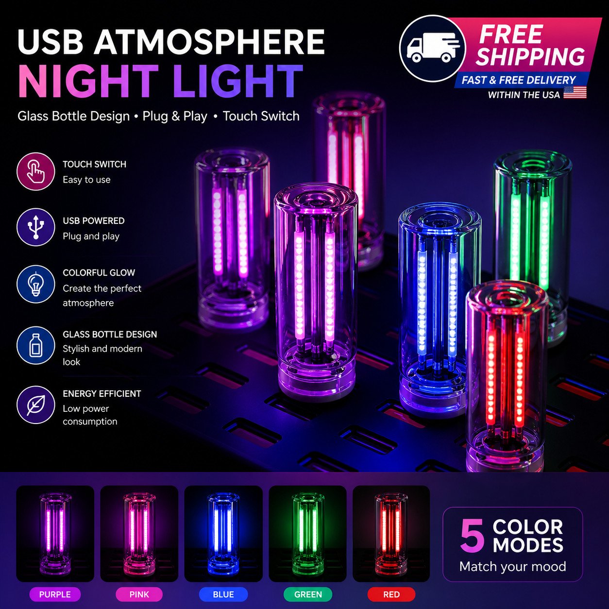 Touch Adjustable Dimmable Mini Car USB Night Light Glass Bottle Lamp Plug & Play