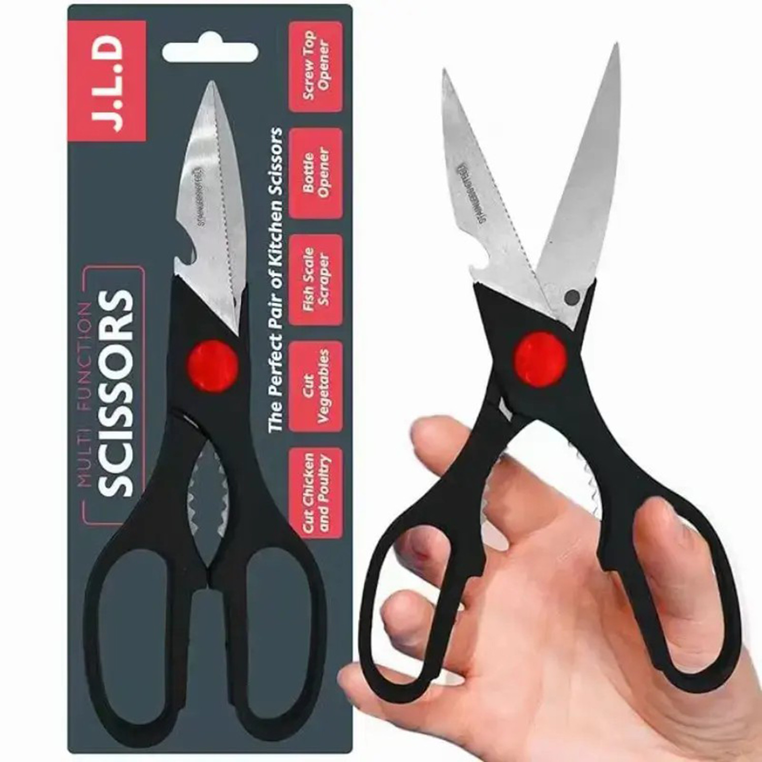 Multi Function Kitchen Scissors Food Cutter Walnut Tongs Bottle & Can Opener Sta