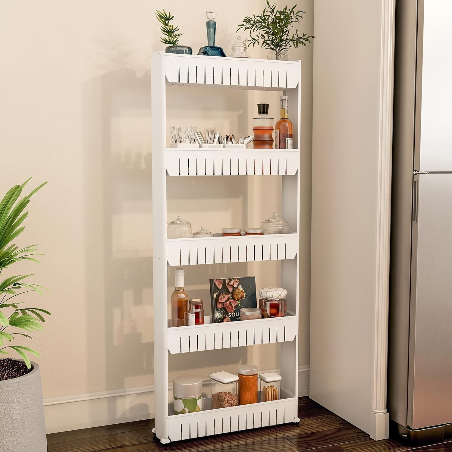 Mobile 5-Tier Slim Storage Tower - Perfect for Tight Spaces & Easy Access