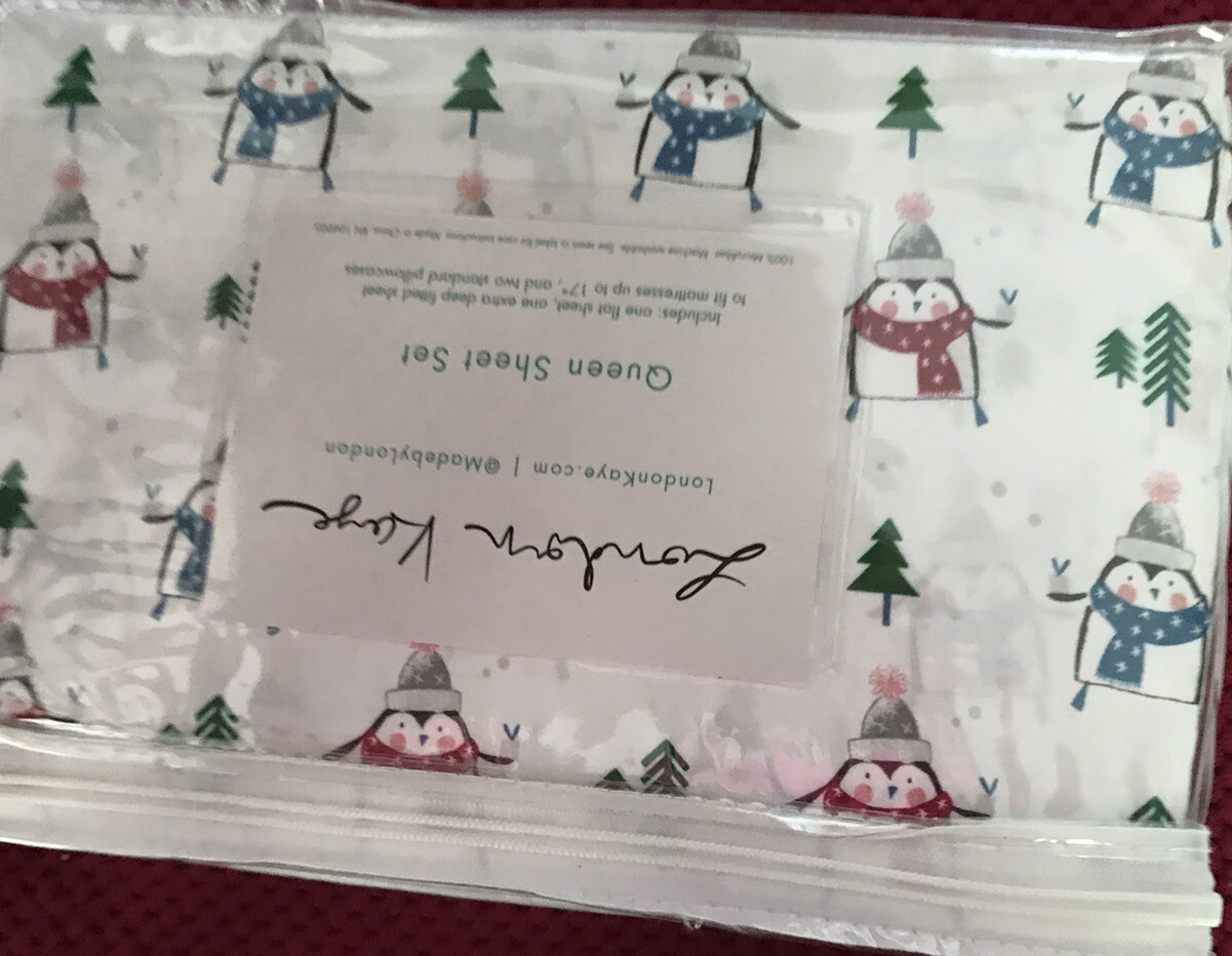 London Kaye Microfiber QUEEN Sheet Set 4 Piece Set Winter Penguins New