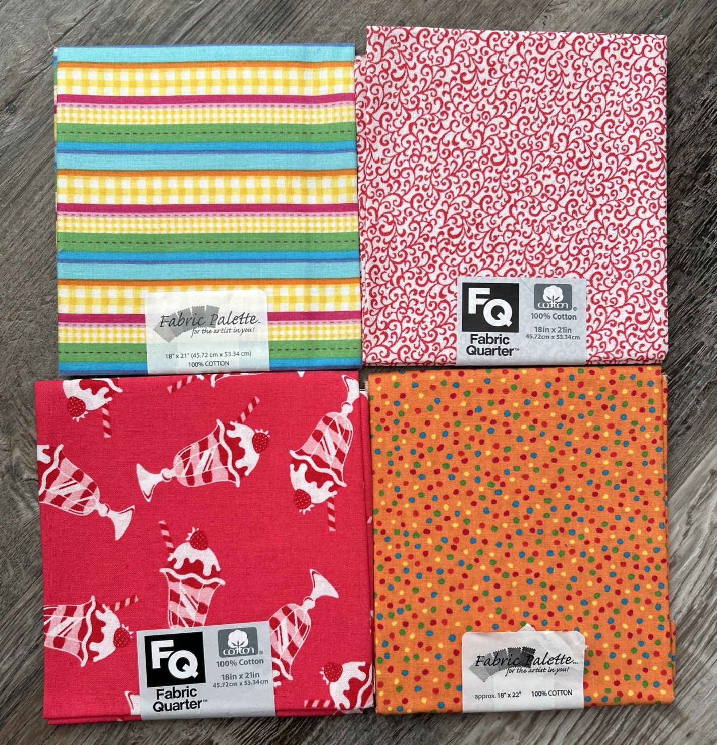 4 Fat Quarters Fabric Palette 100% Cotton 18x21 Rainbow Stripe Floral Orange Dot