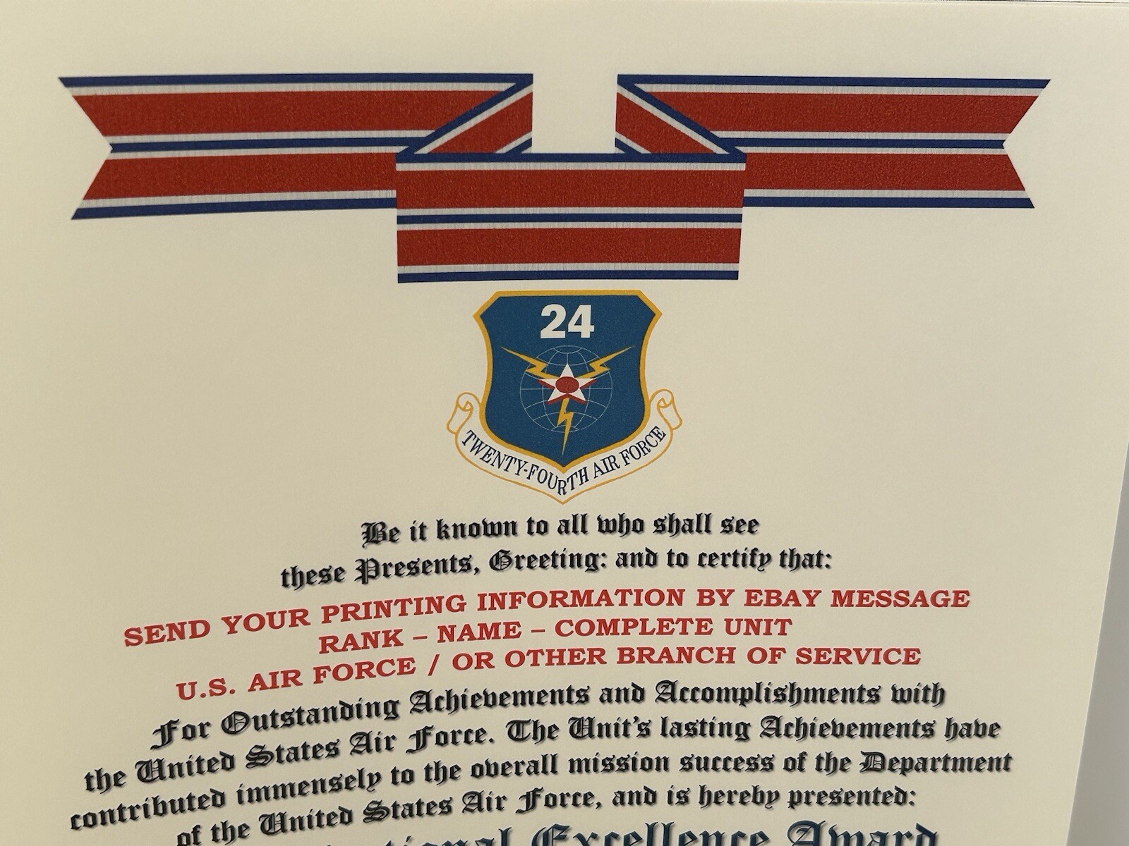 U.S. AIR FORCE / 24TH AIR FORCE - ORGANIZATIONAL EXCELLENCE AWARD CERTIFICATE