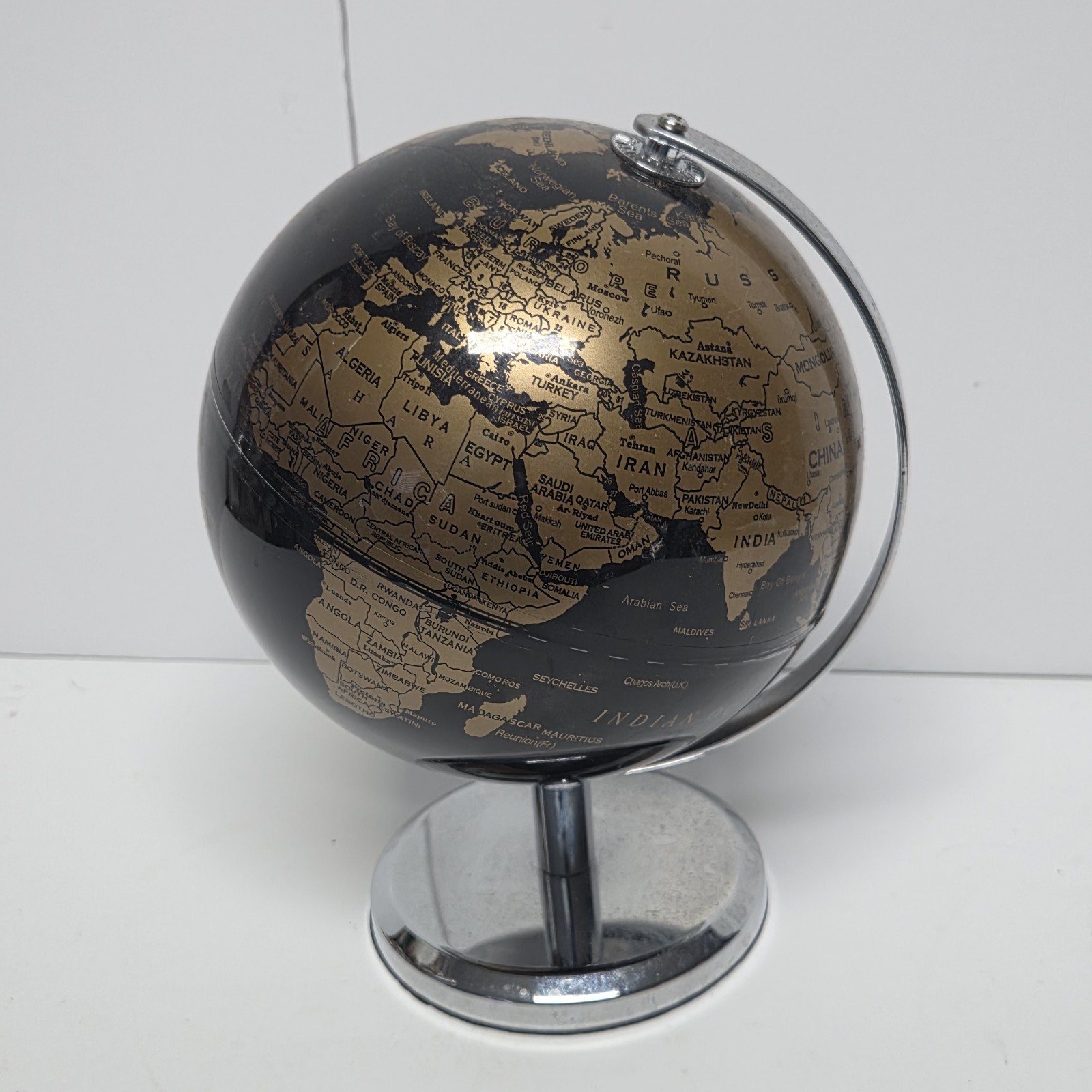 Decorative World Globe 7" Black with Gold Continents Tabletop