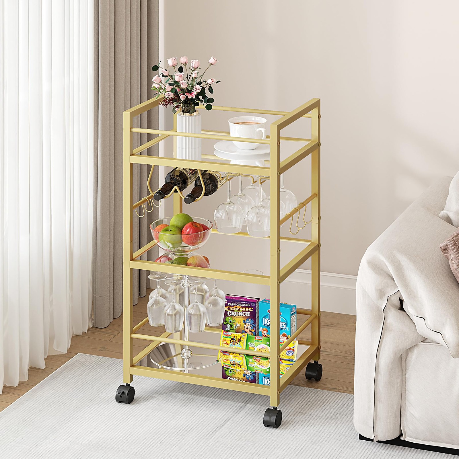 Bar Cart Serving for Home Microwave Drink Mobile Kitchen Shelf with Wine Rack