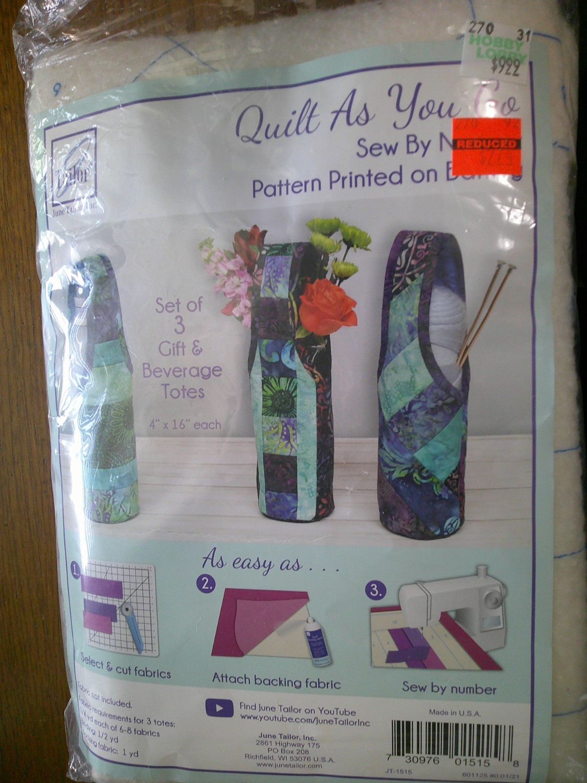 Tailor QUILT AS YOU GO Sew By Number Pattern Printed on Batting - 3 GIFT TOTES