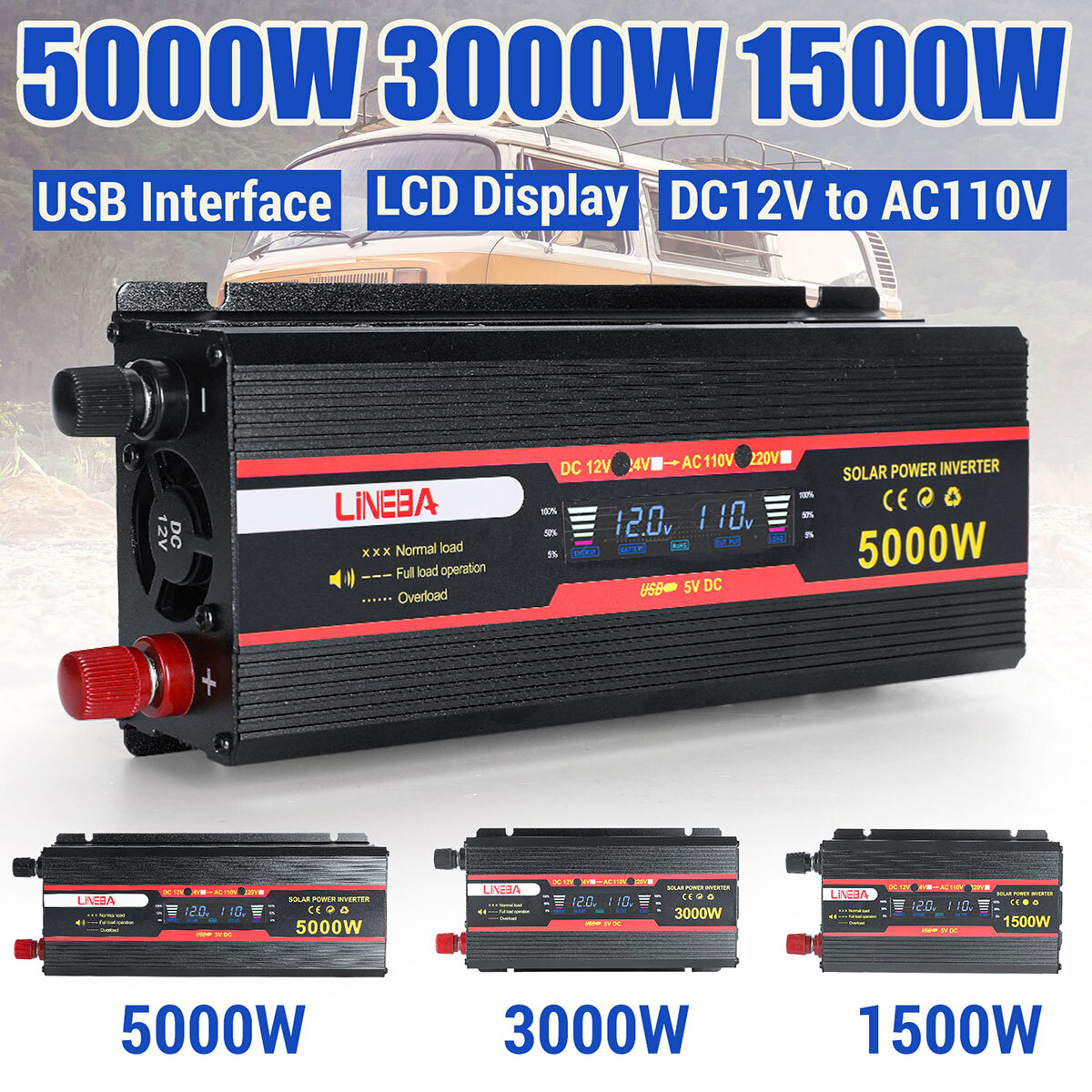 5000W 3000W Car Power Inverter DC 12V To AC 110V Modified Wave LCD Converter A++