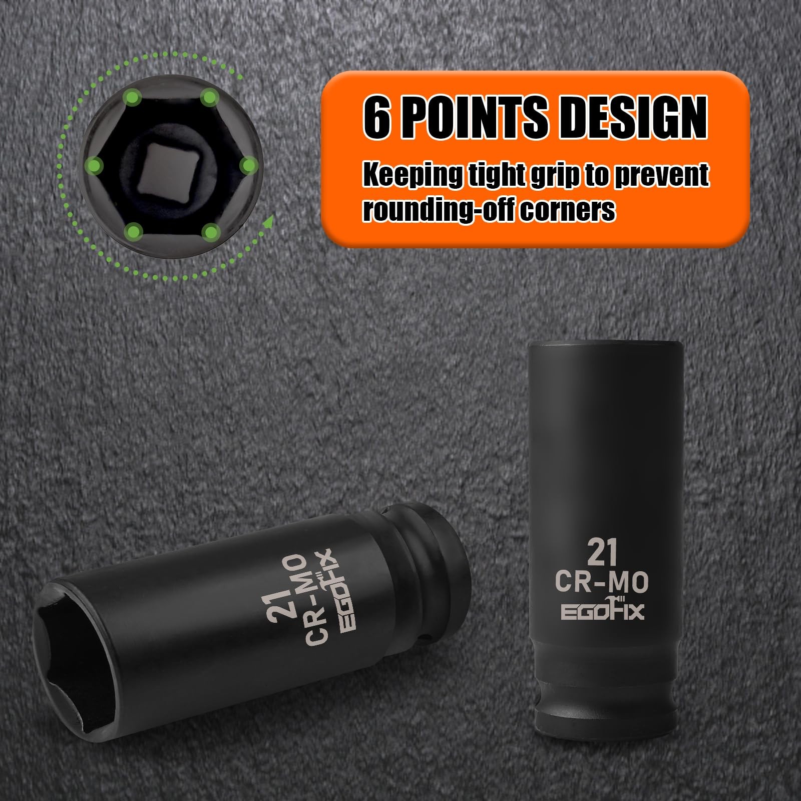 EGOFIX 1/2" Drive Deep Impact Socket, 21mm CR-MO, 21mm,