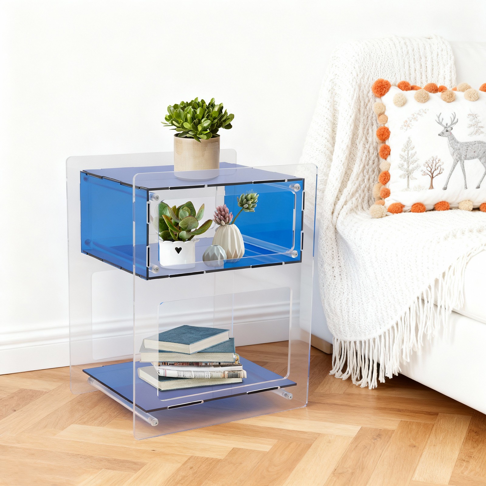 Acrylic Side Table Free Standing Acrylic Nightstand Rectangle Storage Shelf