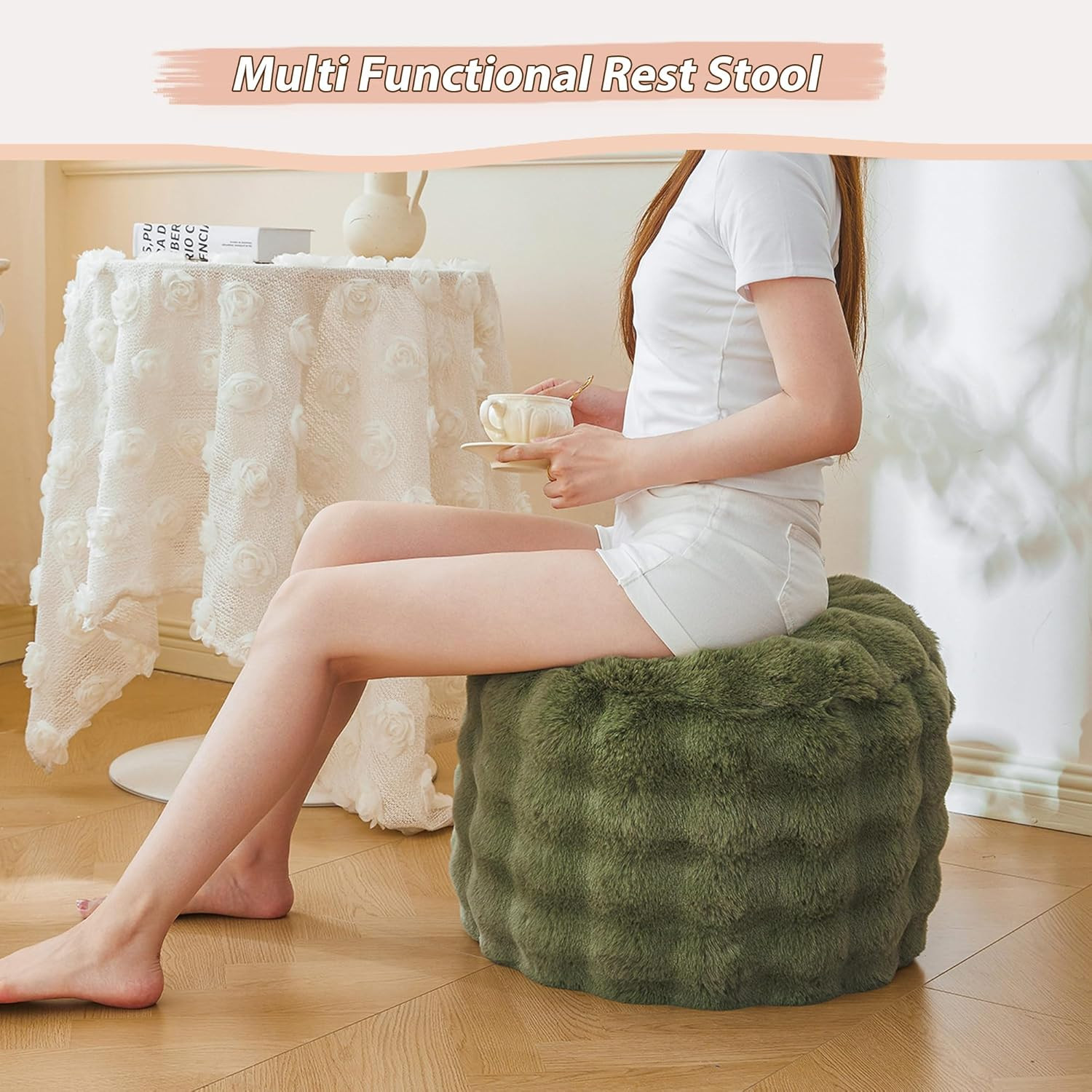 Faux Rabbit Fur round Inflatable Pouf Ottoman, 20" X 16" Plush Fuzzy Waffle Bubb