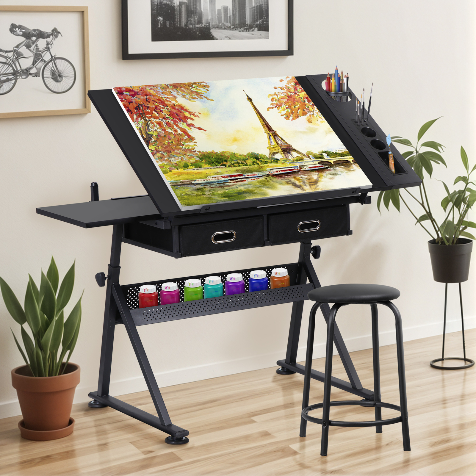 Drafting Table Drawing Desk Workstation Adjustable Tabletop w/Stool & 2 Drawers