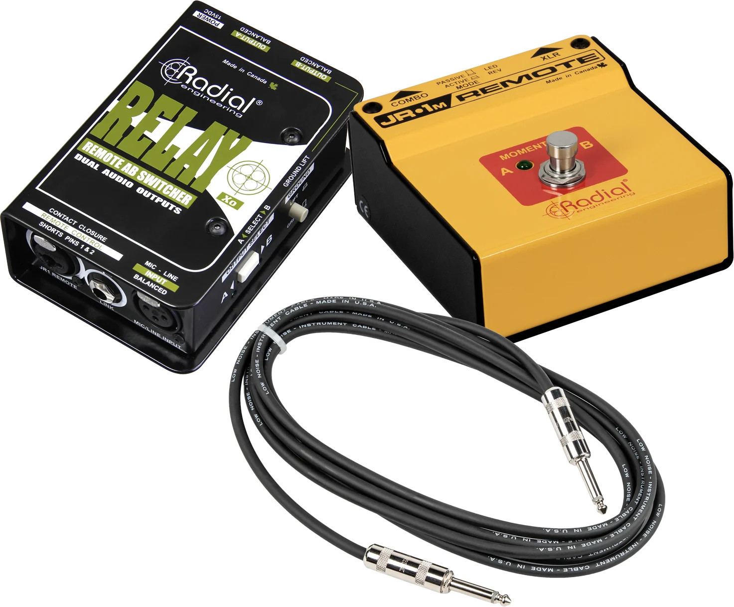 Radial JR-1M+RELAY-XO-K Momentary Footswitch Balanced 1x2 Signal Router +Cable
