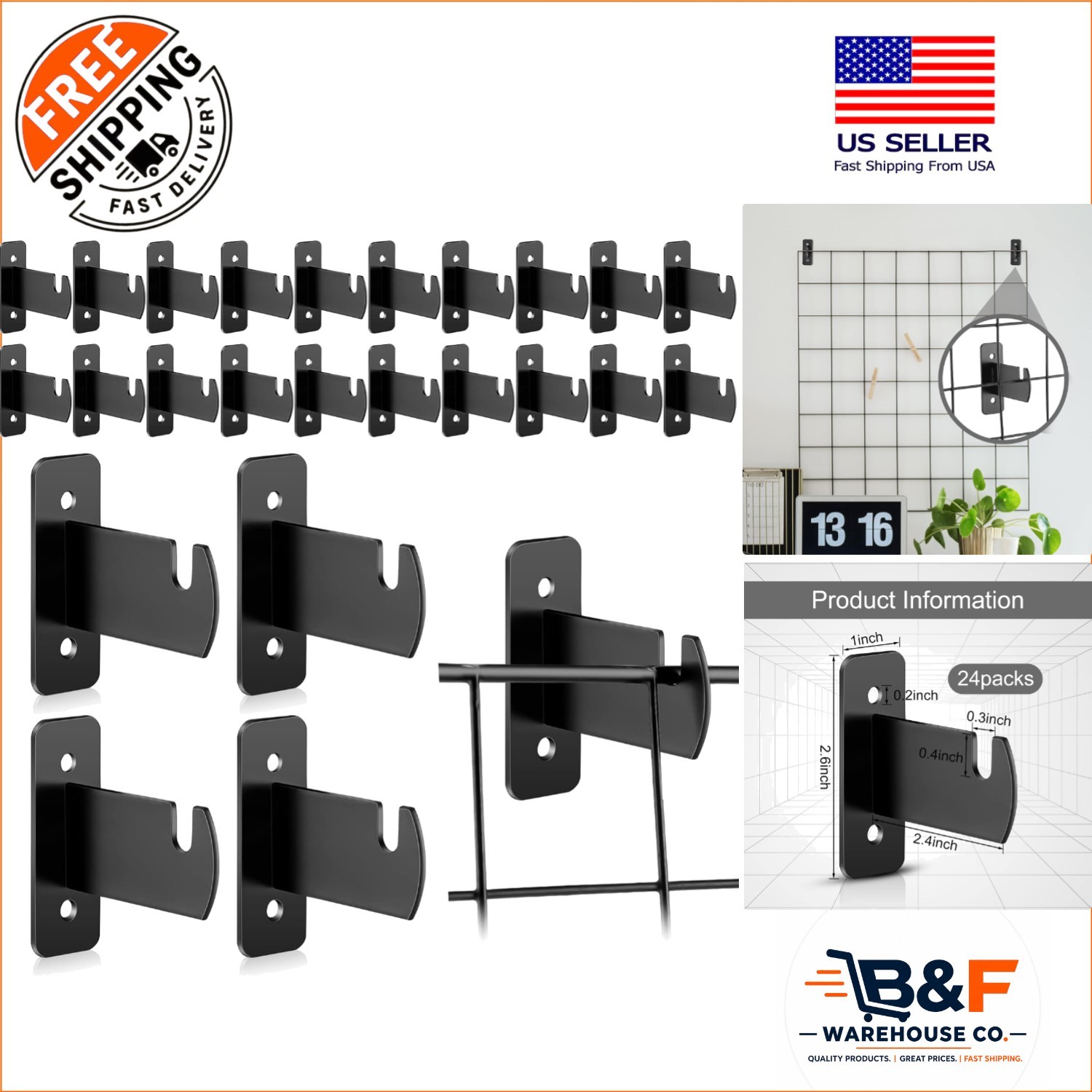 Space-Saving 24 Pcs Black Grid Wall Brackets for Home & Garage Organization