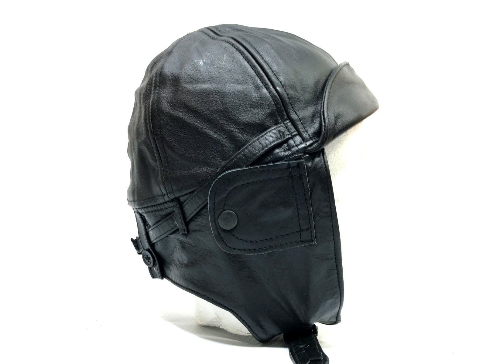 Leather Aviator Cap Black, Repro German WW2 Size MEDIUM