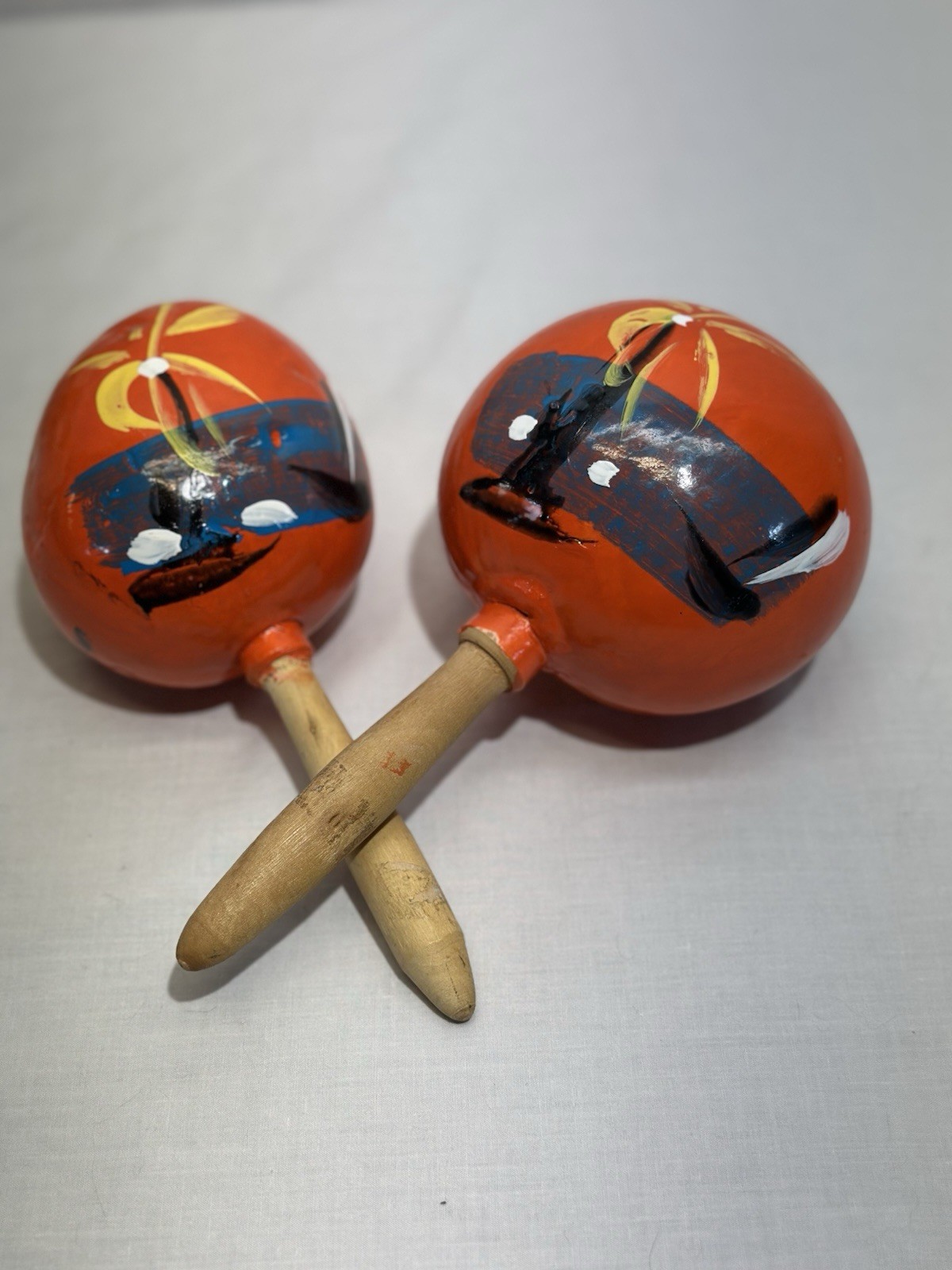 Vintage Mexican Maracas Gourd Shaker Music Mexico Hand Painted Folk Art Orange