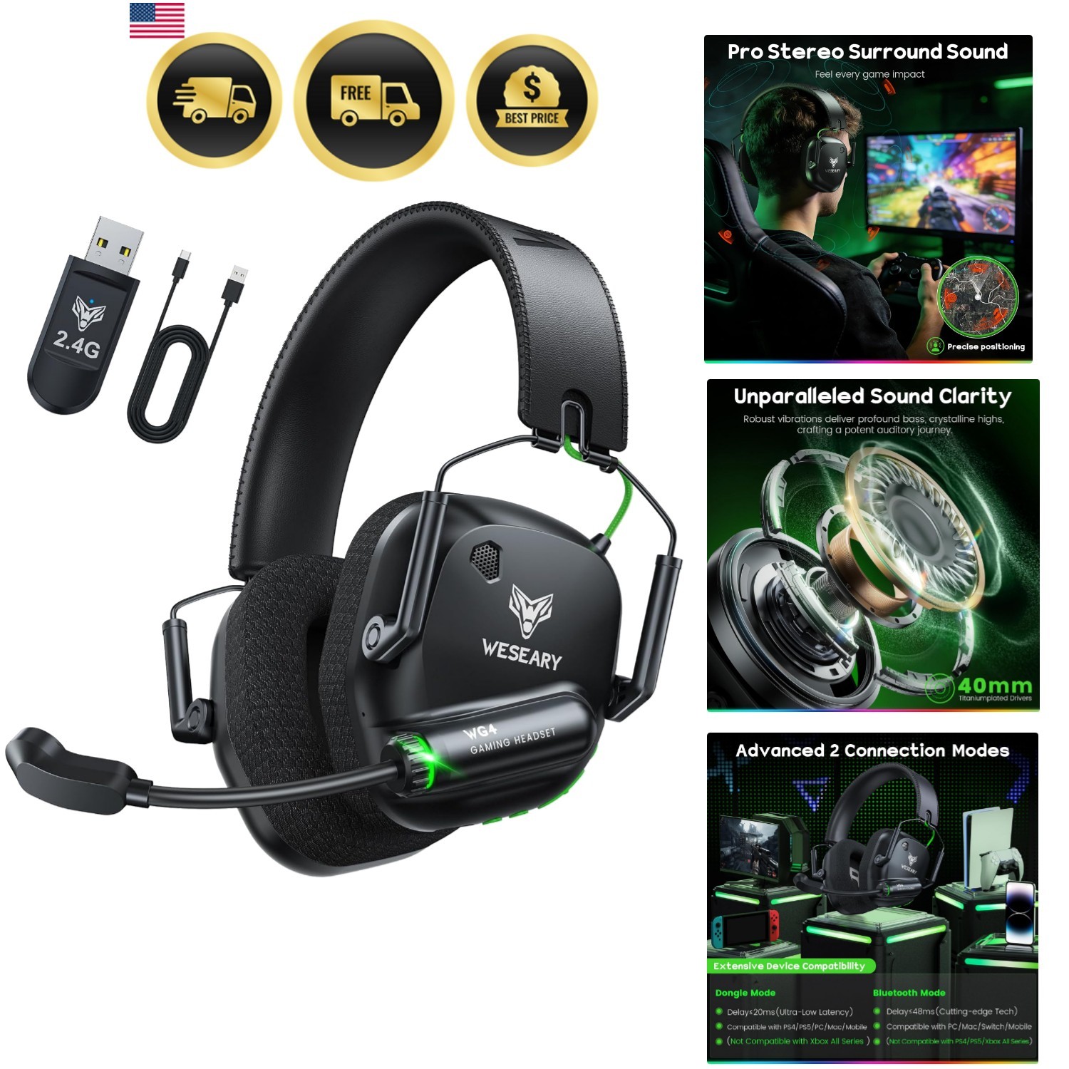 Wireless Gaming Headset for PC, PS5, PS4, Switch & Mac, Dual-Mode 2.4GHz & Bl...