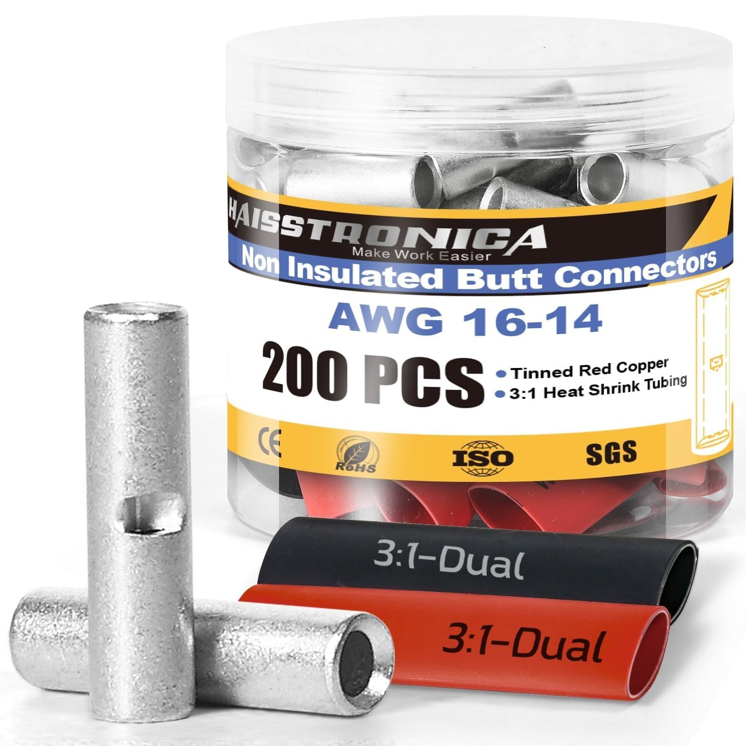 200PCS Non Insulated Butt Connectors Kit with Heat Shrink Tubing, AWG 16-14 T...