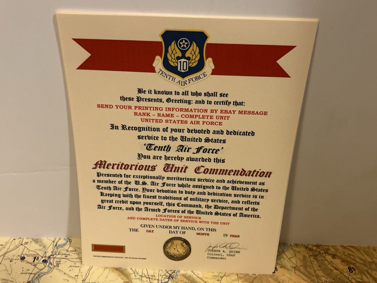 U.S. AIR FORCE / 10TH AIR FORCE - MERITORIOUS UNIT COMMENDATION CERTIFICATE