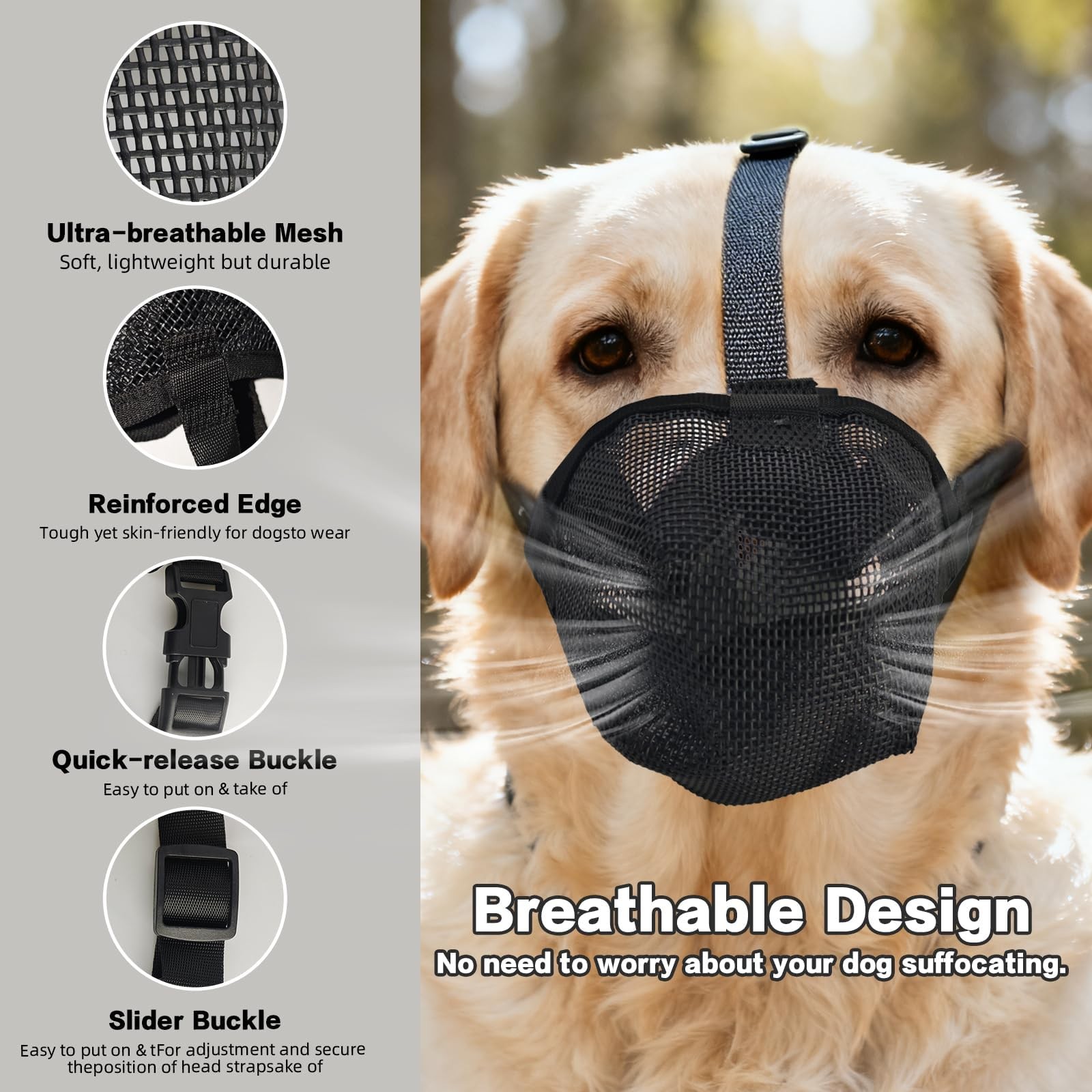 Dog Muzzle Soft Mesh Breathable Adjustable Fit Prevent Biting Chewing Barking L