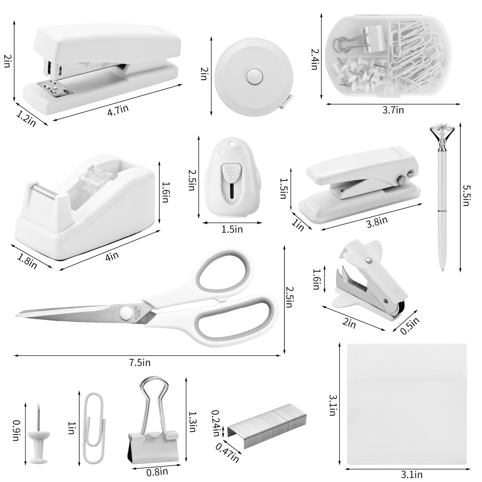 White Desk Accessory Kit Cute Office Supplies Set Desktop Stapler Set Include...