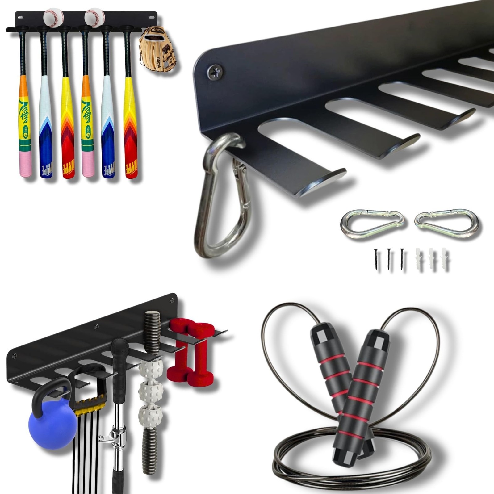 2-in-1 Gym Storage Rack + Jump Rope, Baseball bat wall mount, Gym organizatio...