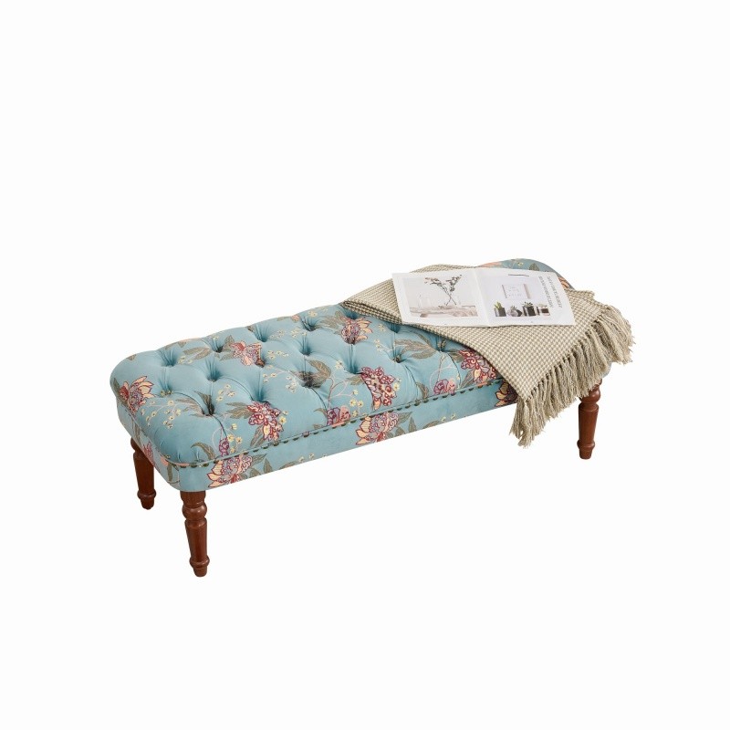 Classic Upholstered Button-Tufted Entryway Bench Ottoman with Turned Wood Legs