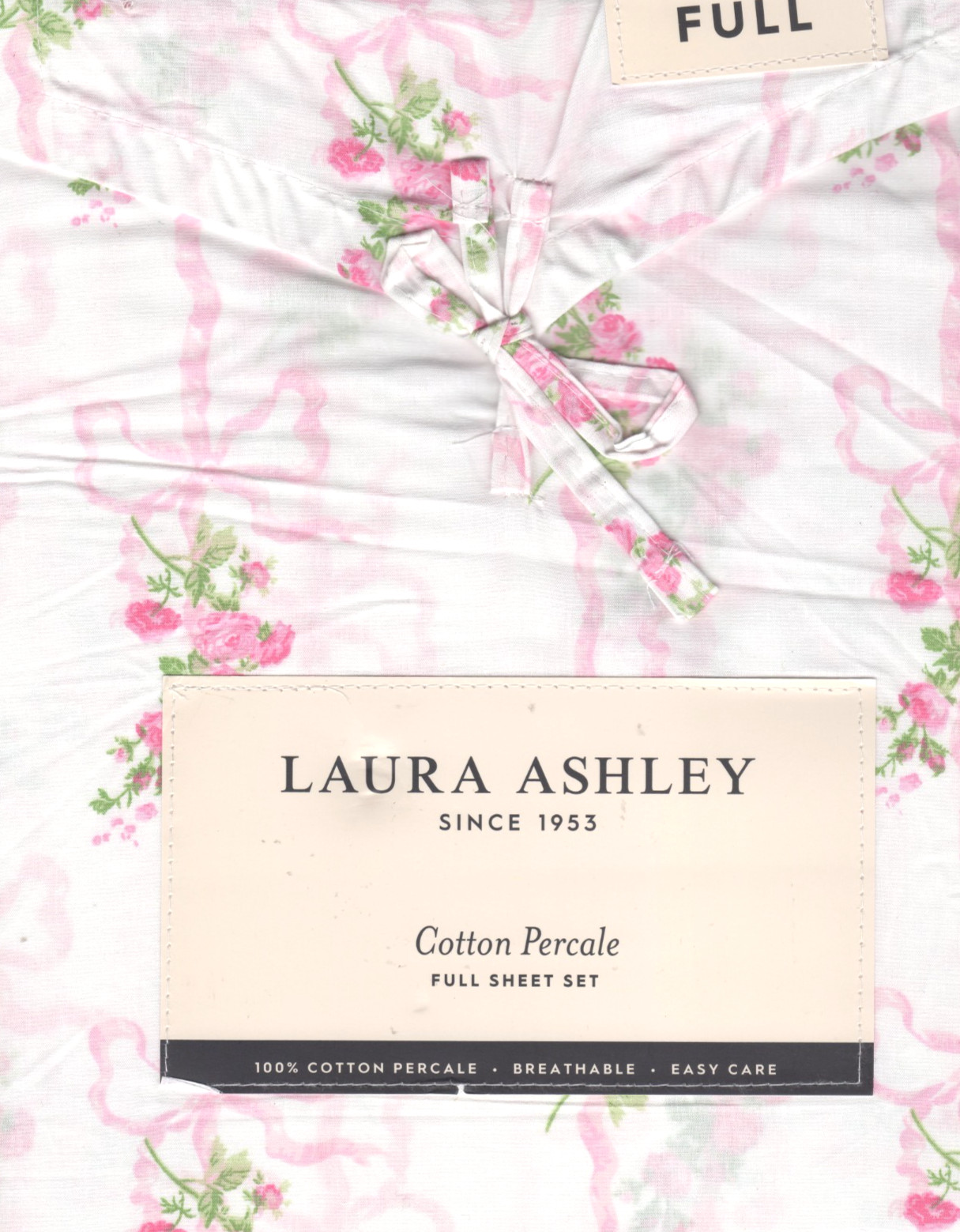 Laura Ashley Full Sheet Set Floral Ribbon Stripe Pink 4pc Cottage Farmhouse Chic