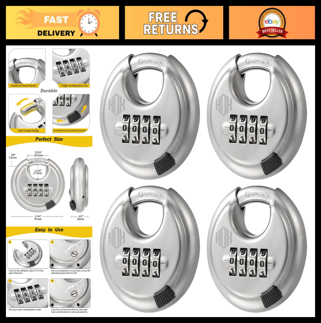 4-Digit Combination Lock - Heavy Duty Disc Padlock, Keyless, 3/8" Shackle, 4 Pac