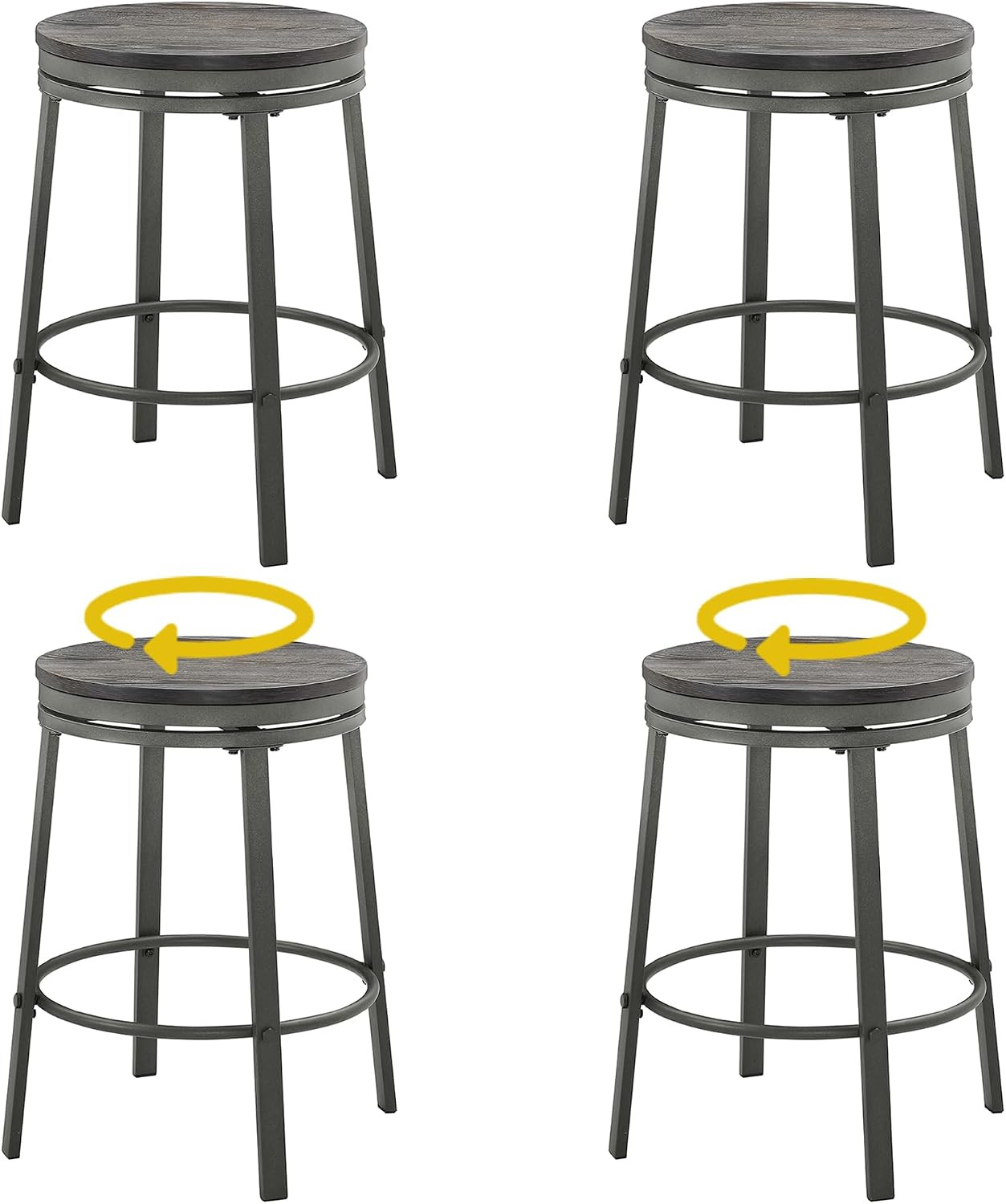 Set of 4 Industrial Swivel Counter Stools, 24" Backless Barstools, Brown/Black