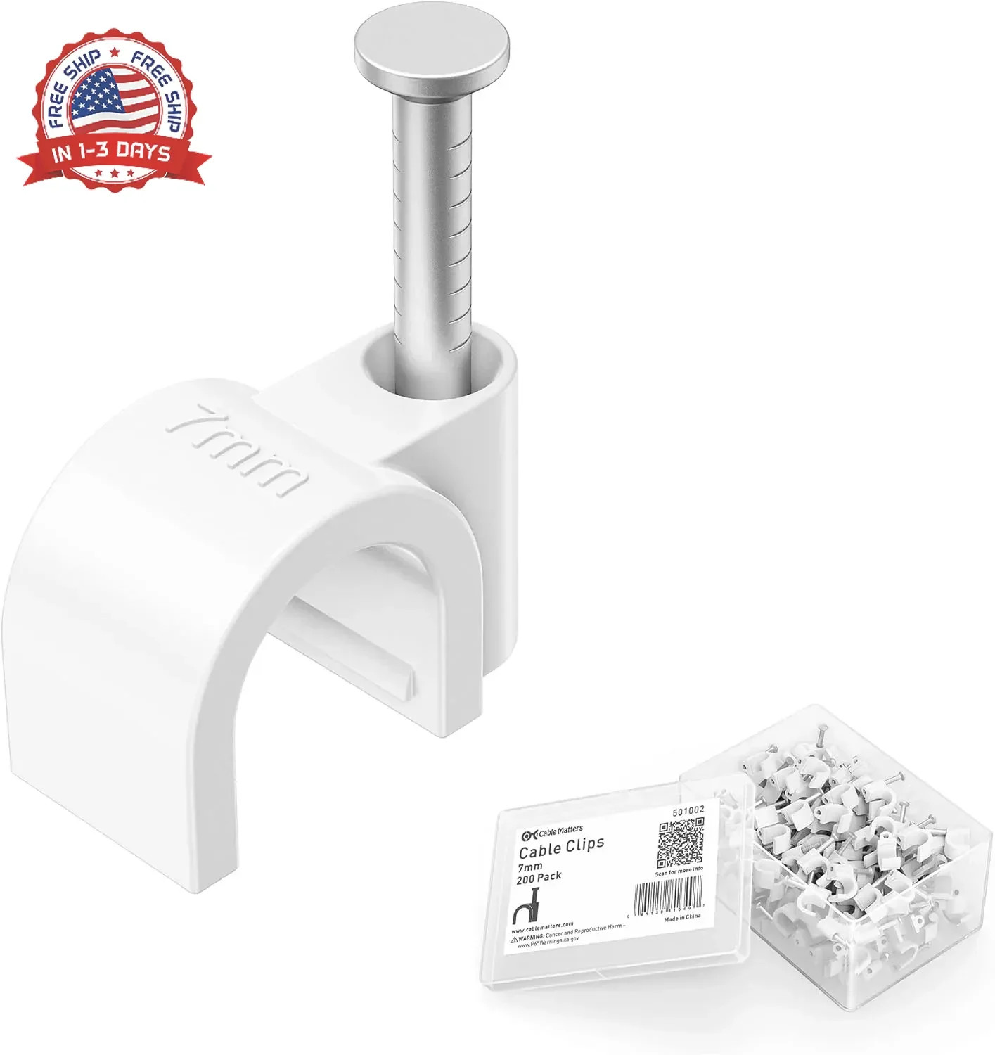Cable Matters 200-Pack Nail-in Cable Clips Cord Organizer, 7mm / 0.27 inches, Et