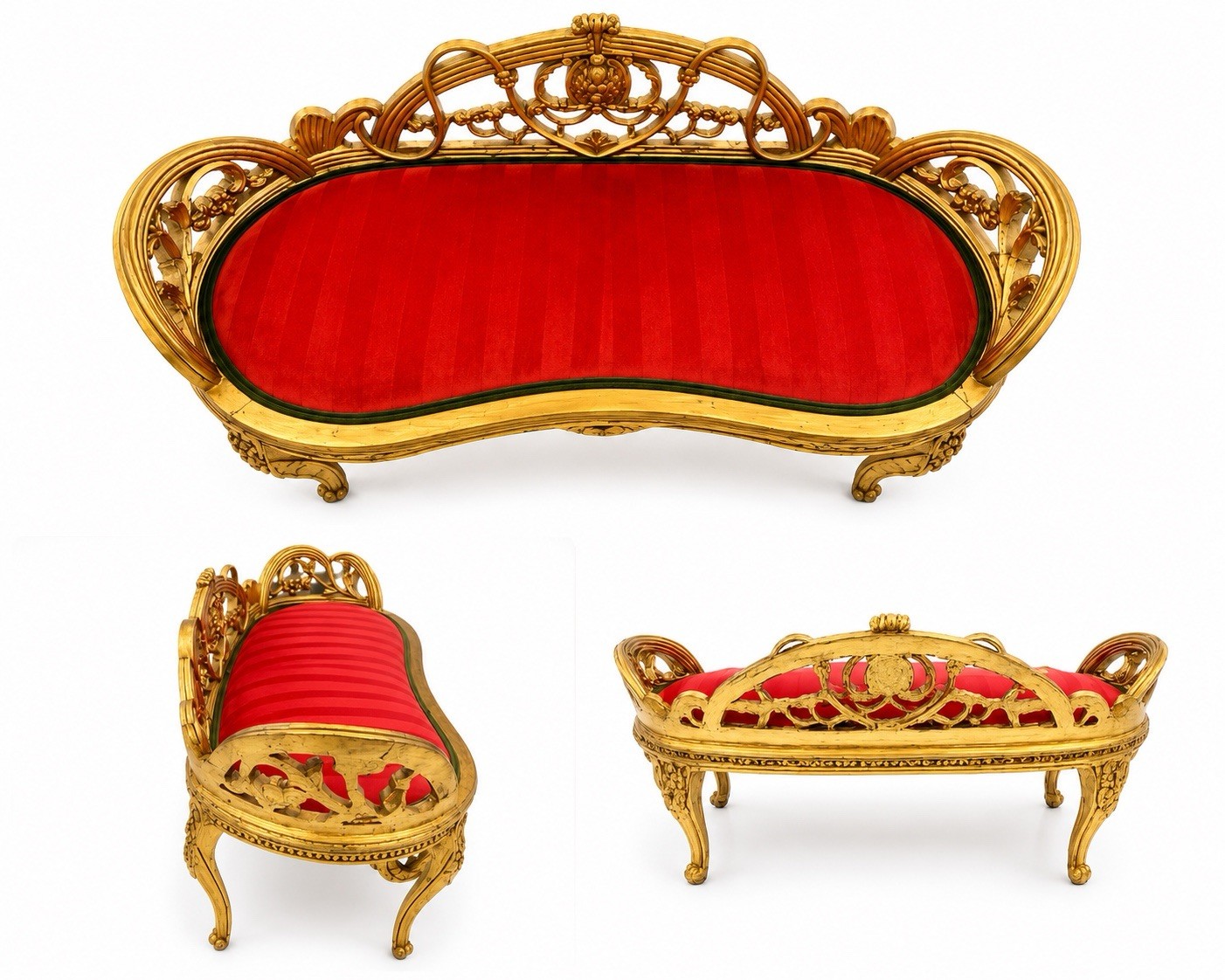 Vintage Louis XV Rococo Gilt Wood Red Velvet Settee Bench Entry Seat French