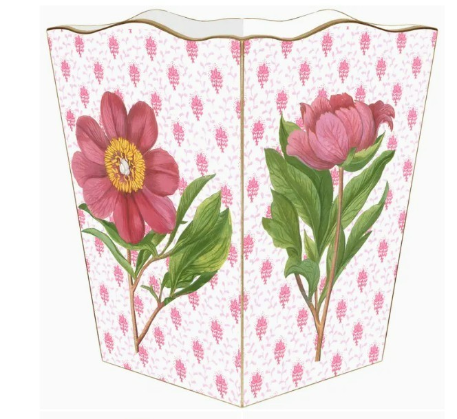 MARYE-KELLEY, "PINK PEONY on AVIGNON",  12 INCH WOODEN WASTEPAPER BASKET, NEW
