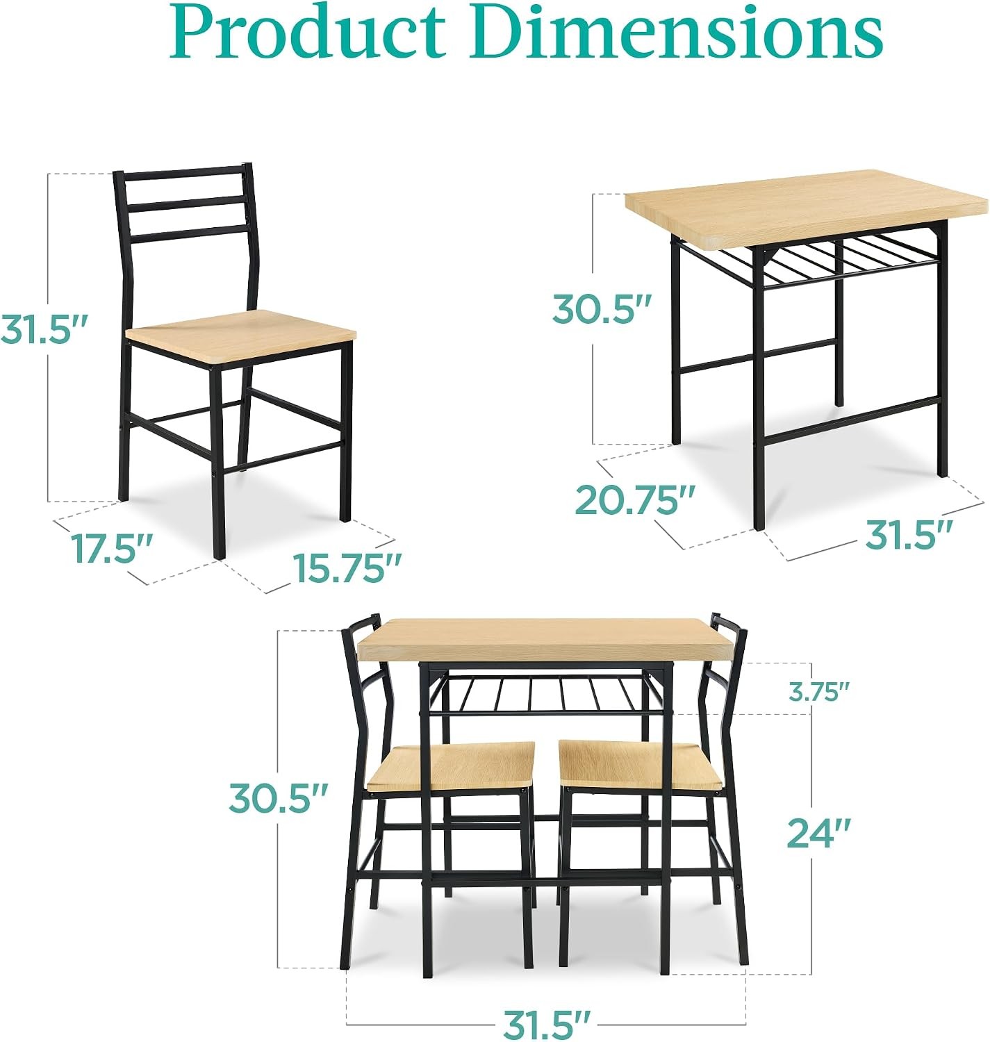Choice Products 3-Piece Modern Dining Set, Space Saving Dinette for Kitchen,