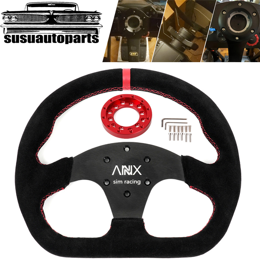 13in Suede Steering Wheel+Red Wheel Adapter Plate For Logitech G25/G27/G920/G923