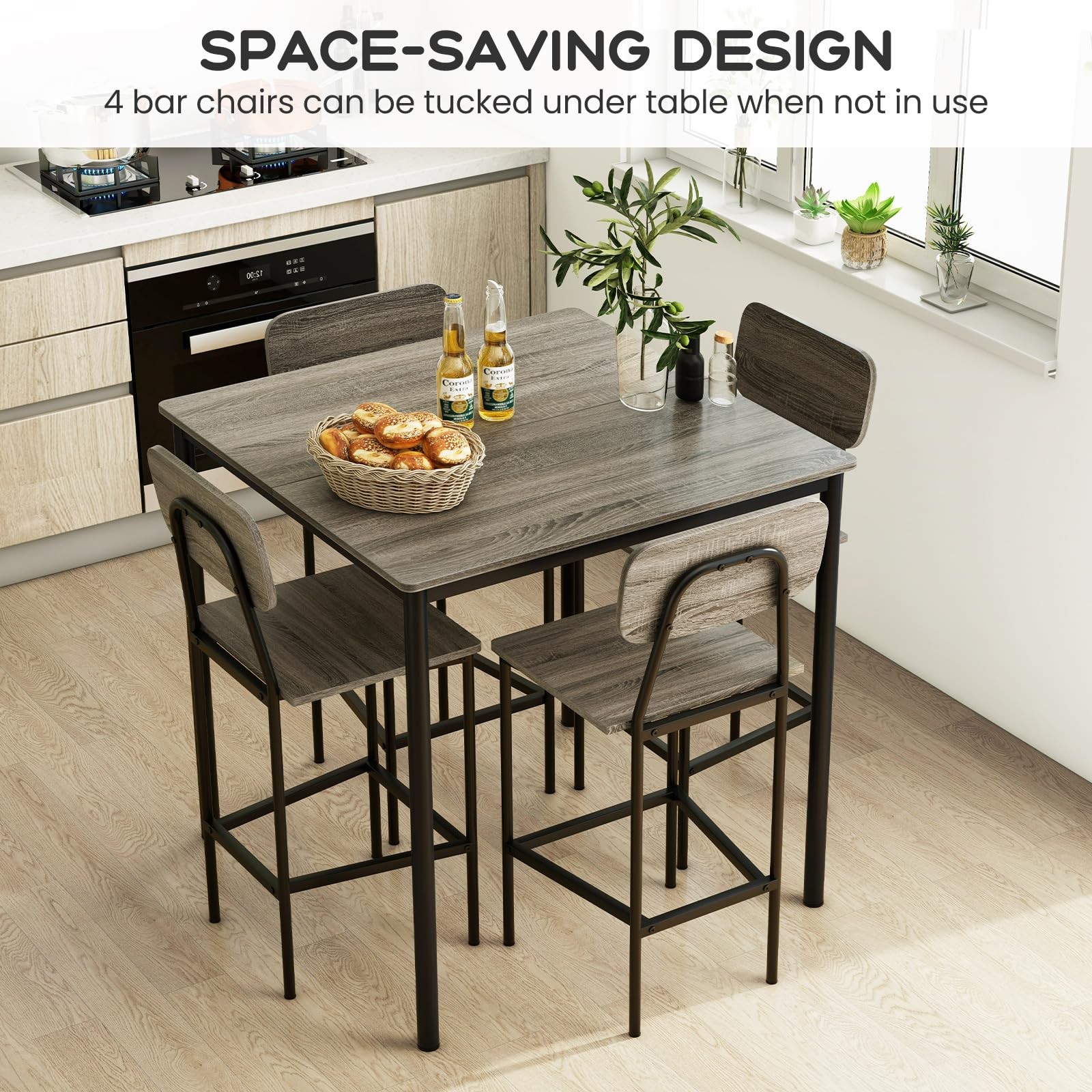 5-Piece Dining Table Set W/Counter Height Table & 4 Bar Stools, Modern Kitche...