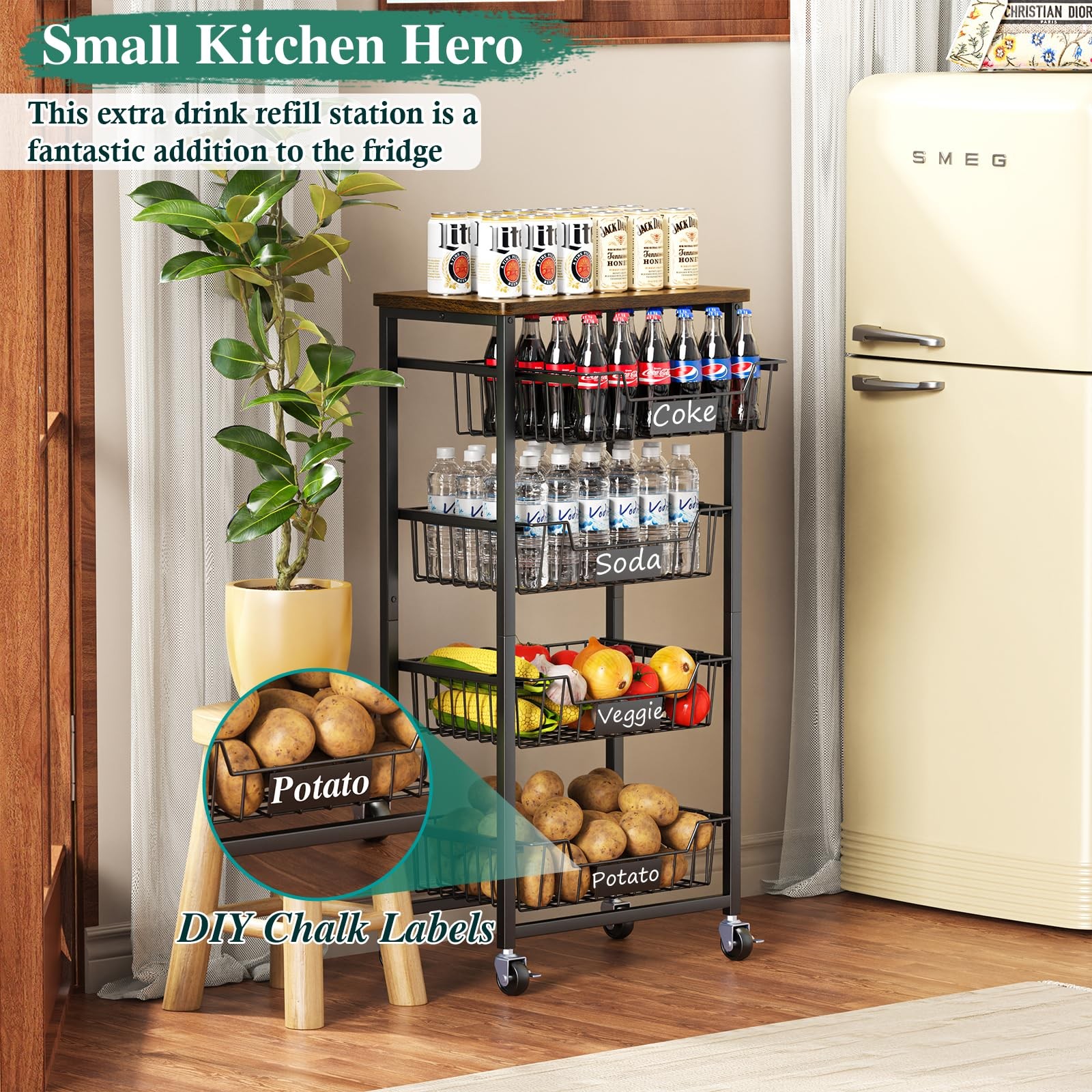 Fruit Basket, 5-Tier Utility Kitchen Organizer and Storage Cart with Pull-Out...
