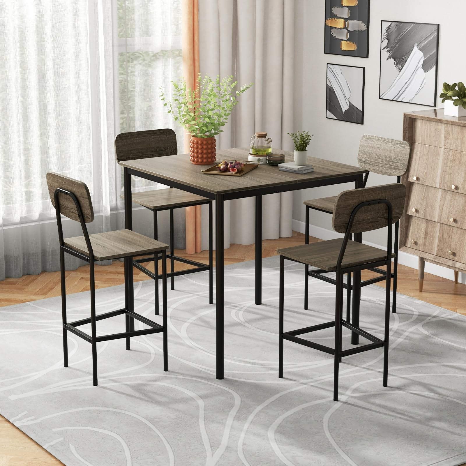 5-Piece Dining Table Set W/Counter Height Table & 4 Bar Stools, Modern Kitche...