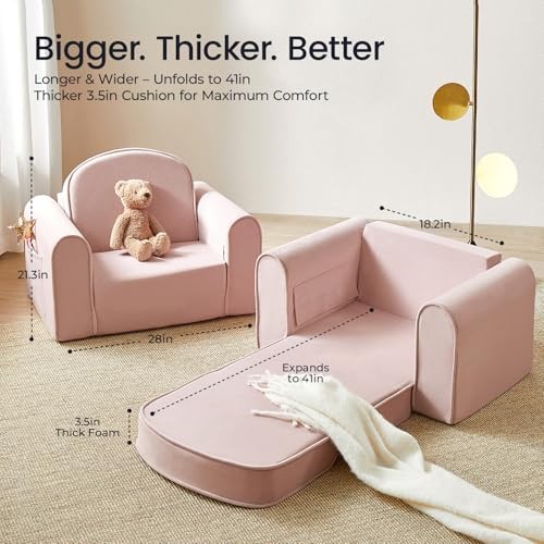 2-in-1 Foldable Kids Couch with Pockets – Soft Thick Toddler Sofa, Pink