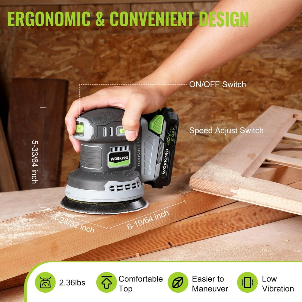 WORKPRO Cordless Brushless Random Orbital Sander 6 Variable Speed 6000-12000 OPM