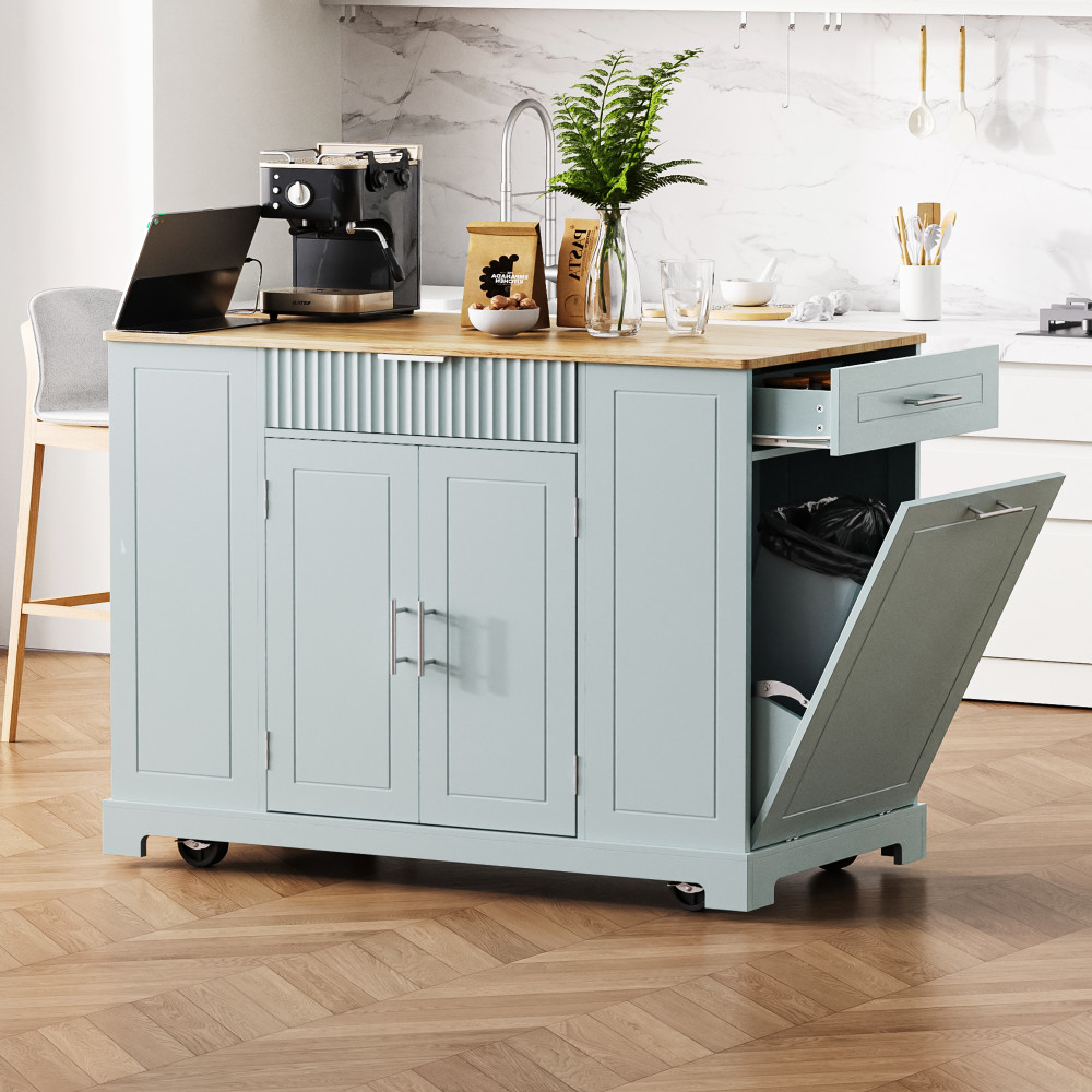 K&K Fluted Kitchen Island with Trash Can Storage Cabinet, Power Outlet