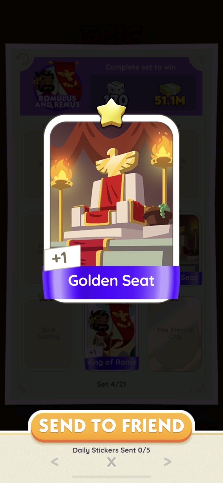 Monopoly GO Sticker - Set 4 - Golden Seat 1⭐️ (Romulus And, Remus)
