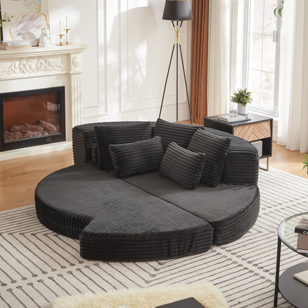 78.5" Corduroy Semi-Circular Sofa Bed w/ Neck Pillow & Throw Pillows