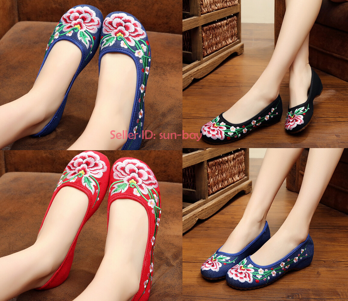 Womens Chinese Embroidered Floral Flat Shoes Mary Jane Folk Flower Shoe Slip On