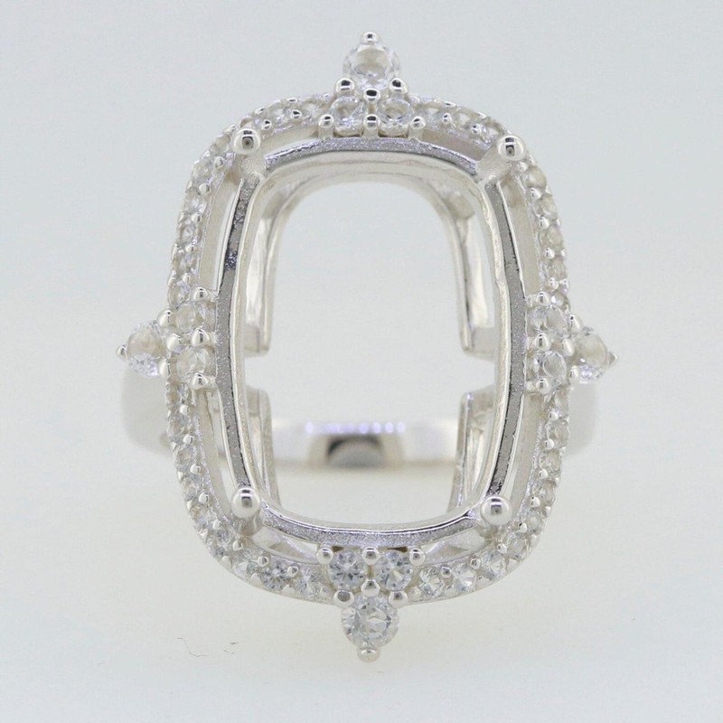 925 Sterling Silver 18x13mm Cushion Shape Semi Mount Ring Starburst Halo Ring