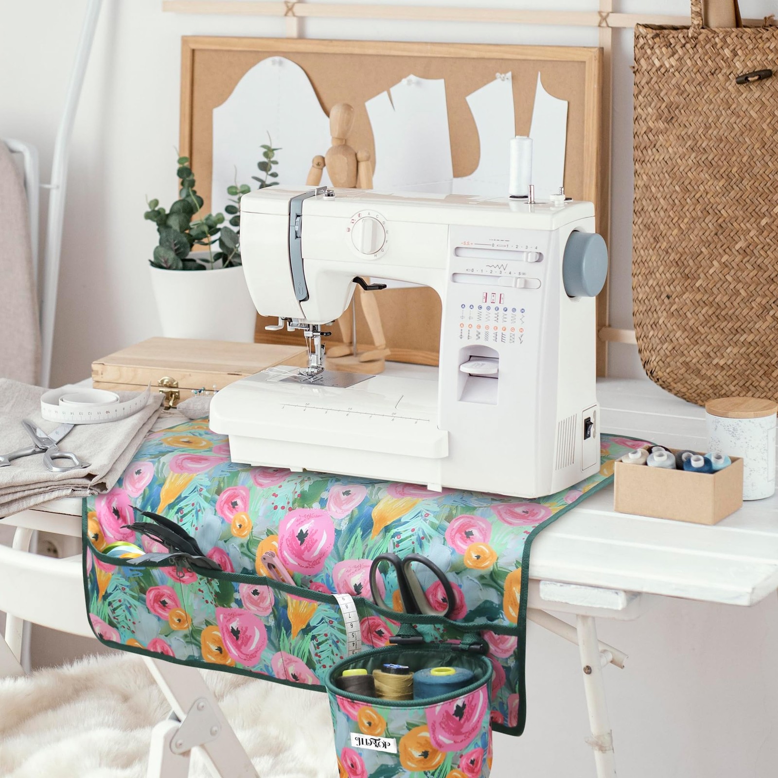 Sewing Machine Pad for Table with Pockets, Non-Slip Floral Mat, Organizer for...