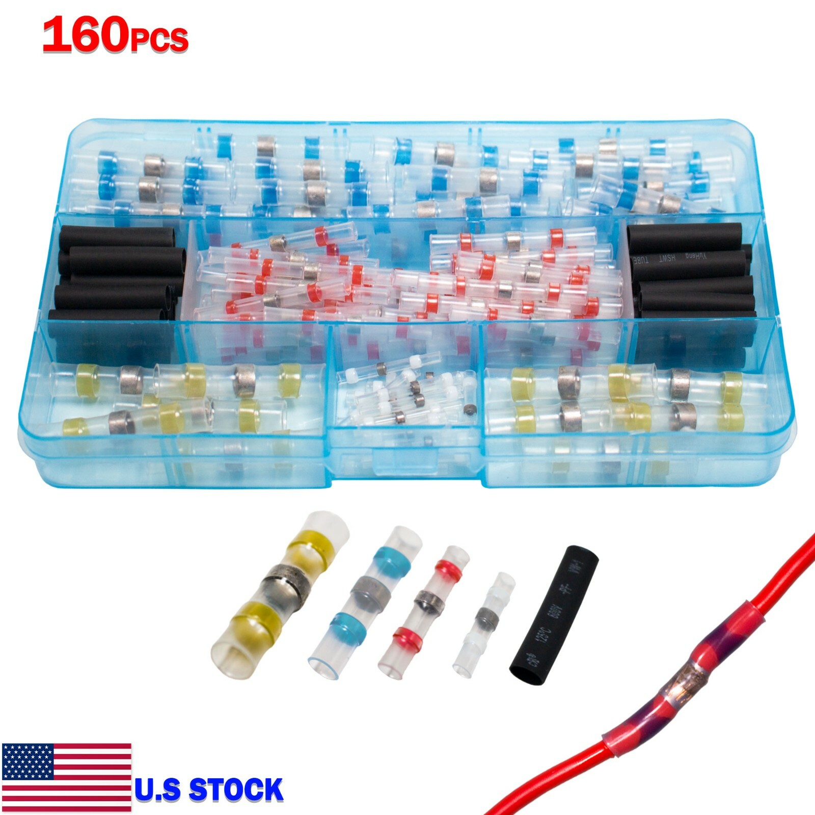 160pcs Solder Seal Sleeve Wire Connectors Heat Shrink Auto Terminals 10-22 AWG