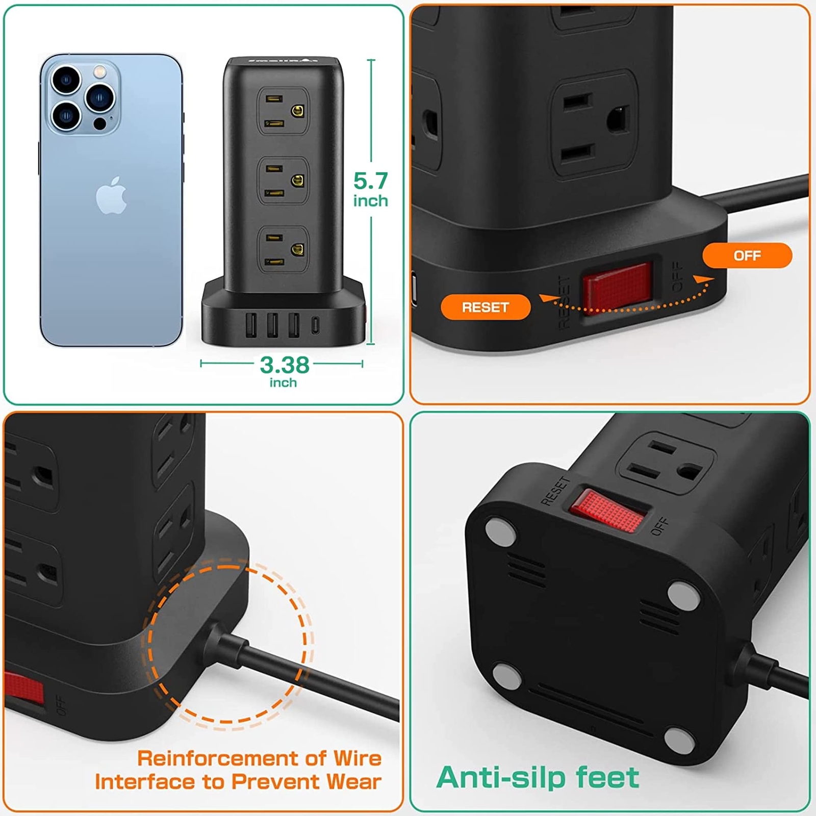 Extension Cord with Multiple Outlets, Surge Protector Power Strip Tower, 12 A...