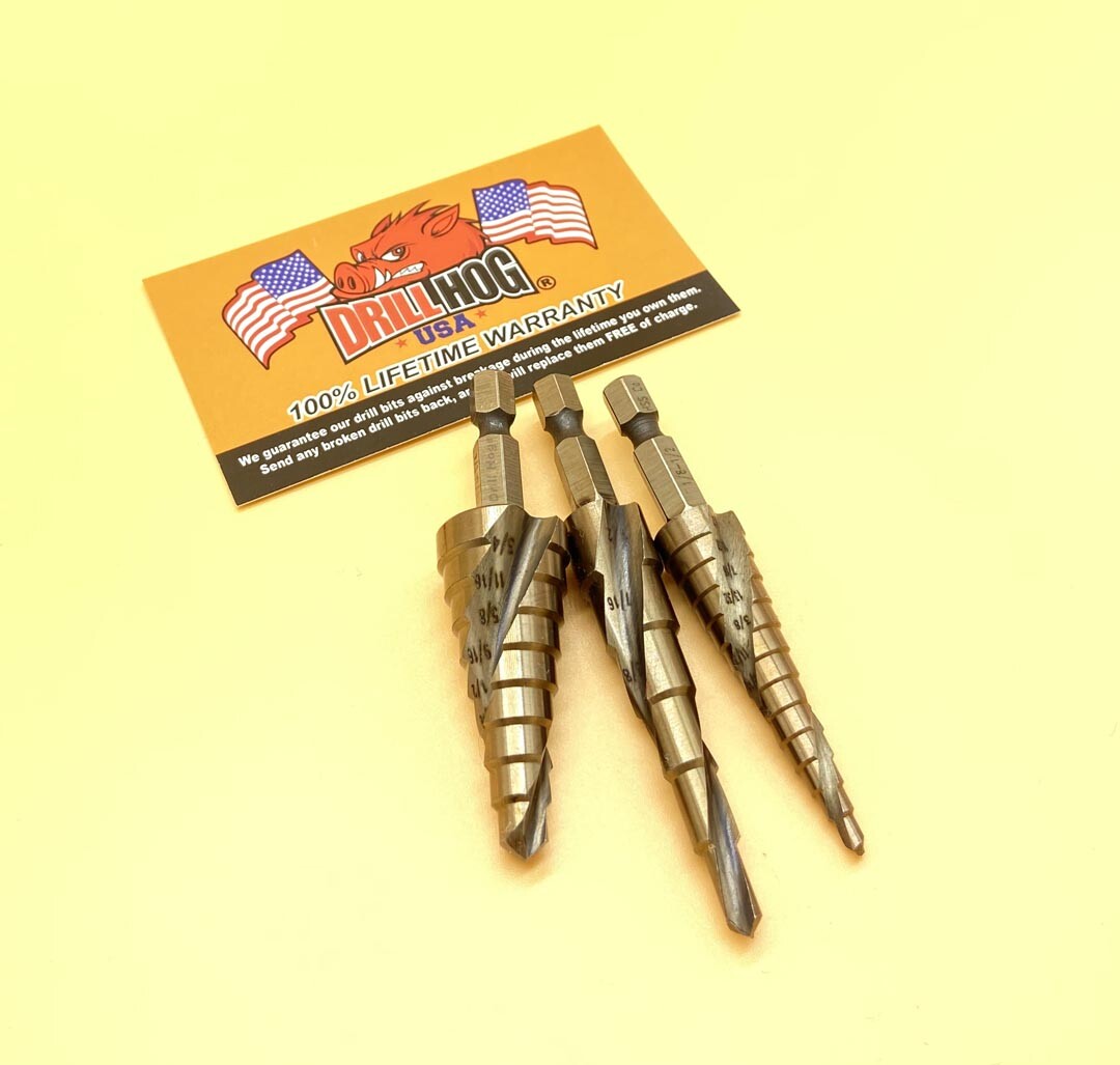 Drill Hog® 3 Pc Cobalt M42 Step Bit Quick Change Hex Shank Lifetime Warranty